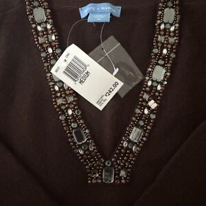 White + Warren Brown V-Neck Sweater with Embellished Trim